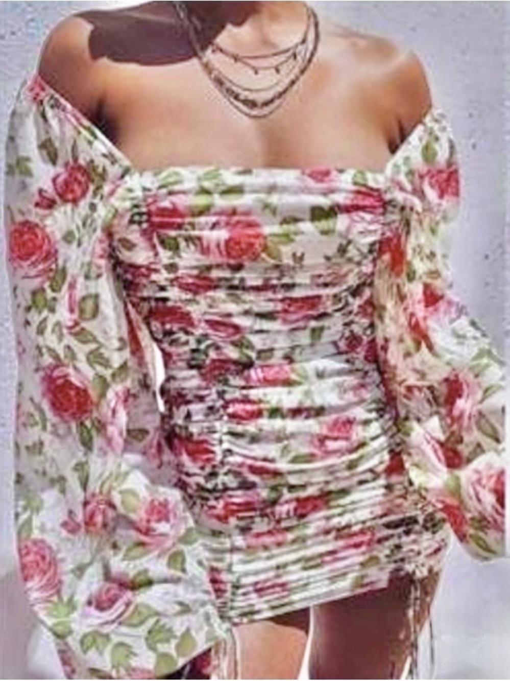 . OOTDFASH Cream/Colorful Floral Ruched Long Sleeve Bodycon Mini Dress